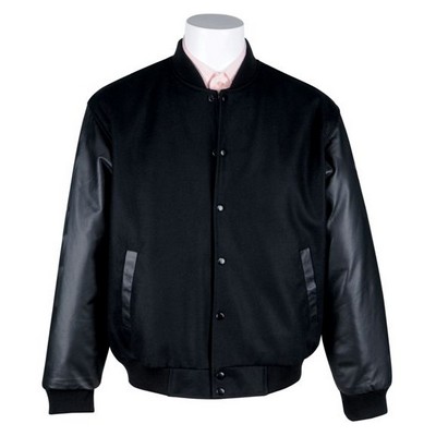 Classic Solid Wool/Leather Black Varsity Jacket / Wool Body-Leather Sleeves